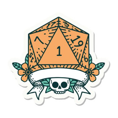 sticker of a natural one d20 dice roll clipart