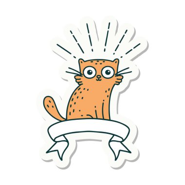 Dövme stili bir çıkartma. Şaşırmış kedi.