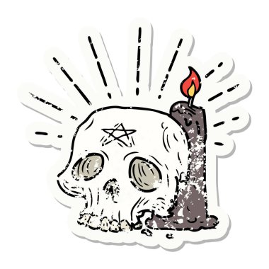 Dövme stili eski bir çıkartma. Ürkütücü kafatası ve mum.