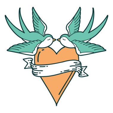 Kırlangıçların ikonik dövme şekli ve sancaklı bir kalp.