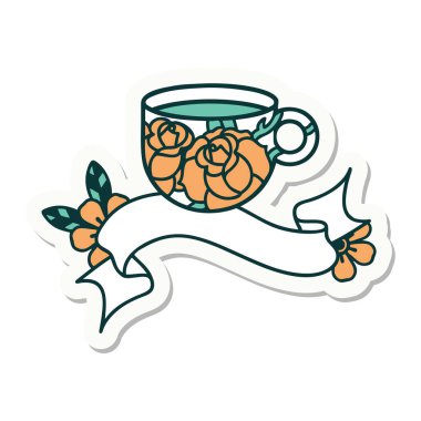 Fincanın ve çiçeklerin bayrağıyla dövme stili çıkartması