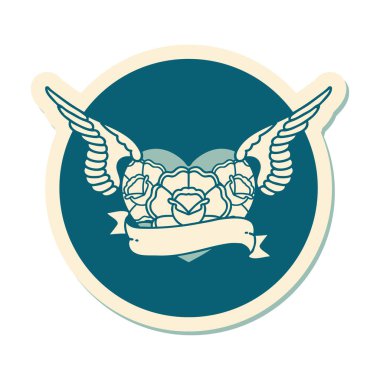 Geleneksel bir dövme stili. Çiçek ve bayrak taşıyan uçan kalp stili.