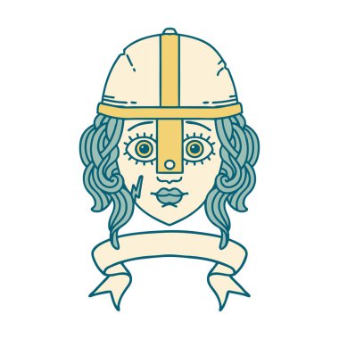 Retro Dövme Tarzı İnsan Savaşçı Karakteri Parşömen Sancağıyla