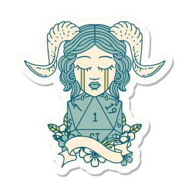 Ağlama etiketi. Doğal bir D20 rulo ile bağlanmış.