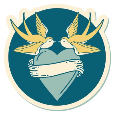 Geleneksel kırlangıç stili dövme çıkartması ve sancaklı bir kalp