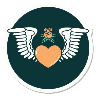 Kanatlı bir kalbin geleneksel stiliyle dövme çıkartması.