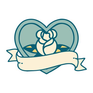 İkonik dövme tarzı bir kalp gülü ve bayrağının görüntüsü 