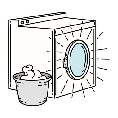 Geleneksel dövme tarzı çamaşır makinesinin çizimi