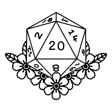 Siyah ve Beyaz Dövme çizim Biçimi Doğal 20 D20 zarları çiçek elementleriyle yuvarlanıyor