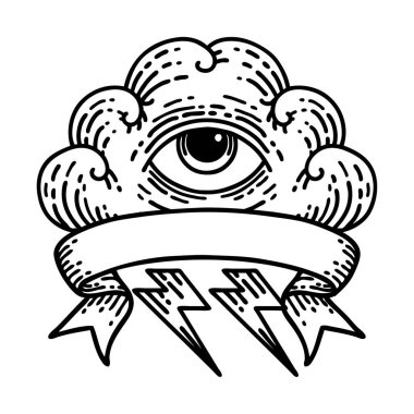 Geleneksel siyah çizgi dövmesi, her şeyi gören bir göz bulutu pankartıyla.