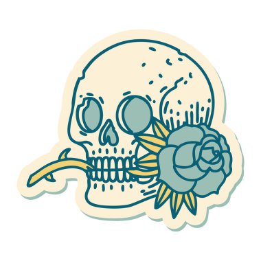 Geleneksel kafatası ve gül stili dövme çıkartması.