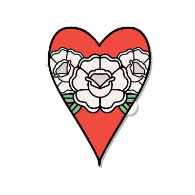 Geleneksel kalp ve çiçek stiliyle dövme çıkartması.