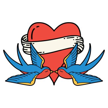 Geleneksel kırlangıç stilinde dövme ve sancaklı bir kalp.