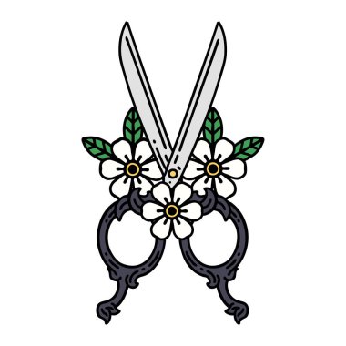 geleneksel makas ve çiçek stili dövme