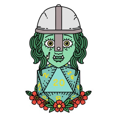 Retro Dövme Biçimi Doğal yirmilik zarlı yarı ork savaşçı karakteri