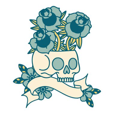 Geleneksel dövmeli kafatası ve güller