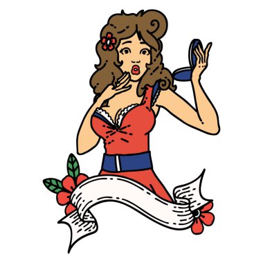 Geleneksel tarz dövmeli, afişi olan süpriz bir kız.