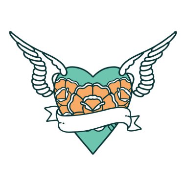 ikonik dövme stili kanatlı kalp görüntüsü çiçekler ve bayrak