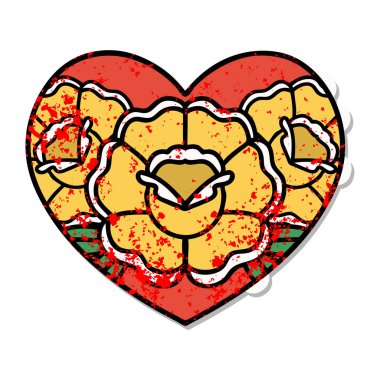 Geleneksel kalp ve çiçek stili dövmeli sıkıntılı etiket