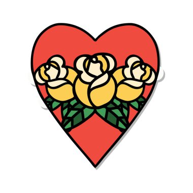 Geleneksel kalp ve çiçek stiliyle dövme çıkartması.