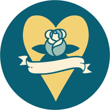 İkonik dövme tarzı bir kalp gülü ve bayrağının görüntüsü 