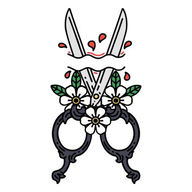 geleneksel makas ve çiçek stili dövme