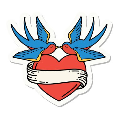 Geleneksel kırlangıç stili dövme çıkartması ve sancaklı bir kalp