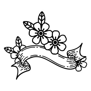 Çiçek dövmeli geleneksel siyah çizgi dövmesi