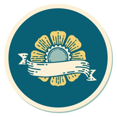 Geleneksel çiçek ve pankart stili dövme çıkartması