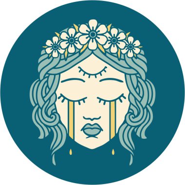 İkonik dövme stili. Üçüncü gözü ve taç takan kadın yüzü.