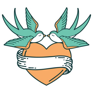 Kırlangıçların ikonik dövme şekli ve sancaklı bir kalp.