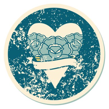 ikonik sıkıntılı dövme stili bir kalp ve çiçekli pankart