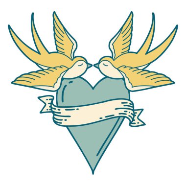 Kırlangıçların ikonik dövme şekli ve sancaklı bir kalp.