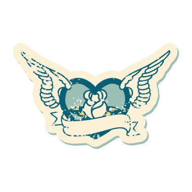 Çiçek ve bayrak taşıyan uçan bir kalbin ikonik kederli dövme görüntüsü