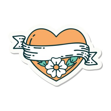 Geleneksel kalp stili dövme çıkartması ve çiçekli pankart.