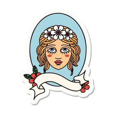 Saçında çiçekler olan bir bakirenin bayrağıyla dövme stili çıkartması.