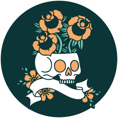 Kafatası ve güllerin bayrağıyla dövme biçimi simgesi