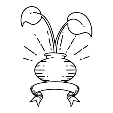 Siyah çizgili kaydırma afişi vazoda dövme tarzı ev bitkisi