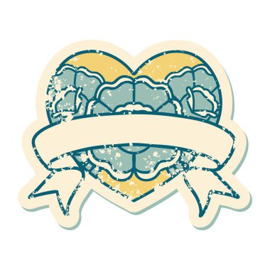 ikonik sıkıntılı dövme stili bir kalp ve çiçekli pankart