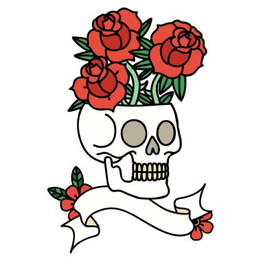 Geleneksel dövmeli kafatası ve güller