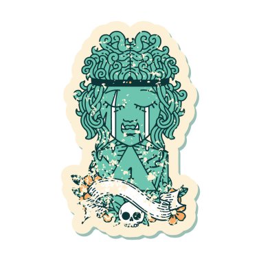 Retro Dövme Tarzı Ağlayan Ork barbar karakter yüzü ve doğal bir D20 rulo