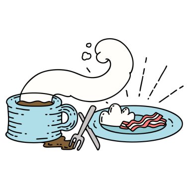 Geleneksel dövme stili kahvaltı ve kahvenin çizimi