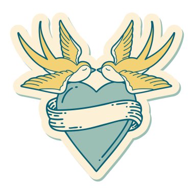 Geleneksel kırlangıç stili dövme çıkartması ve sancaklı bir kalp