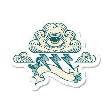 Her şeyi gören bir göz bulutunun bayrağına sahip dövme stili çıkartması