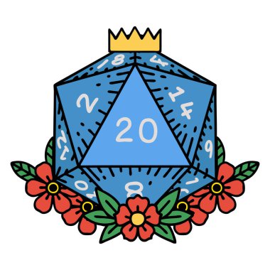 Retro Dövme Biçimi Doğal 20 D20 zarlar Çiçekli elementlerle yuvarlanır