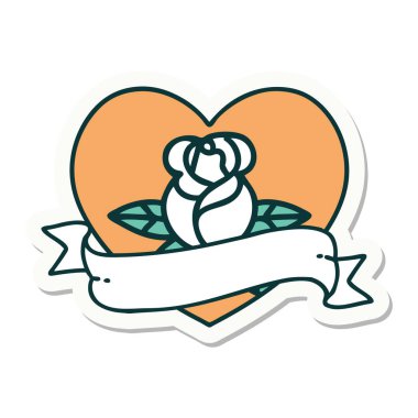 Dövme çıkartması geleneksel tarz bir kalp gülü ve bayrağı 