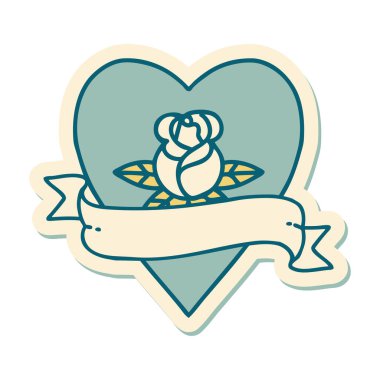 Dövme çıkartması geleneksel tarz bir kalp gülü ve bayrağı 