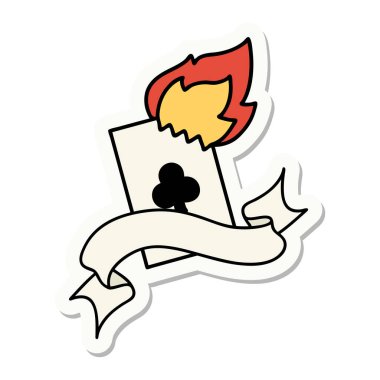 Yanan bir kartın pankartına sahip dövme stili çıkartması