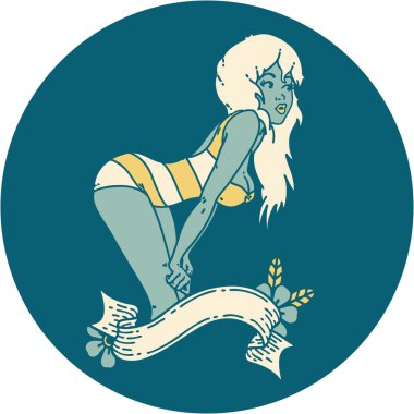 Yüzme kostümlü, pankartlı bir kızın ikonik dövme görüntüsü.