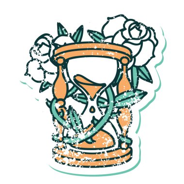 Bir saat cam ve çiçeğin sembolik dövmeli görüntüsü